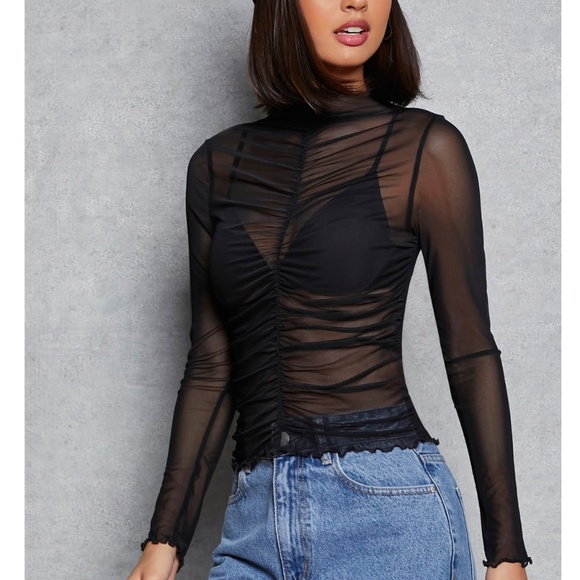 Rouge! Tops - Black Ruched Long Sleeve Sheer Top